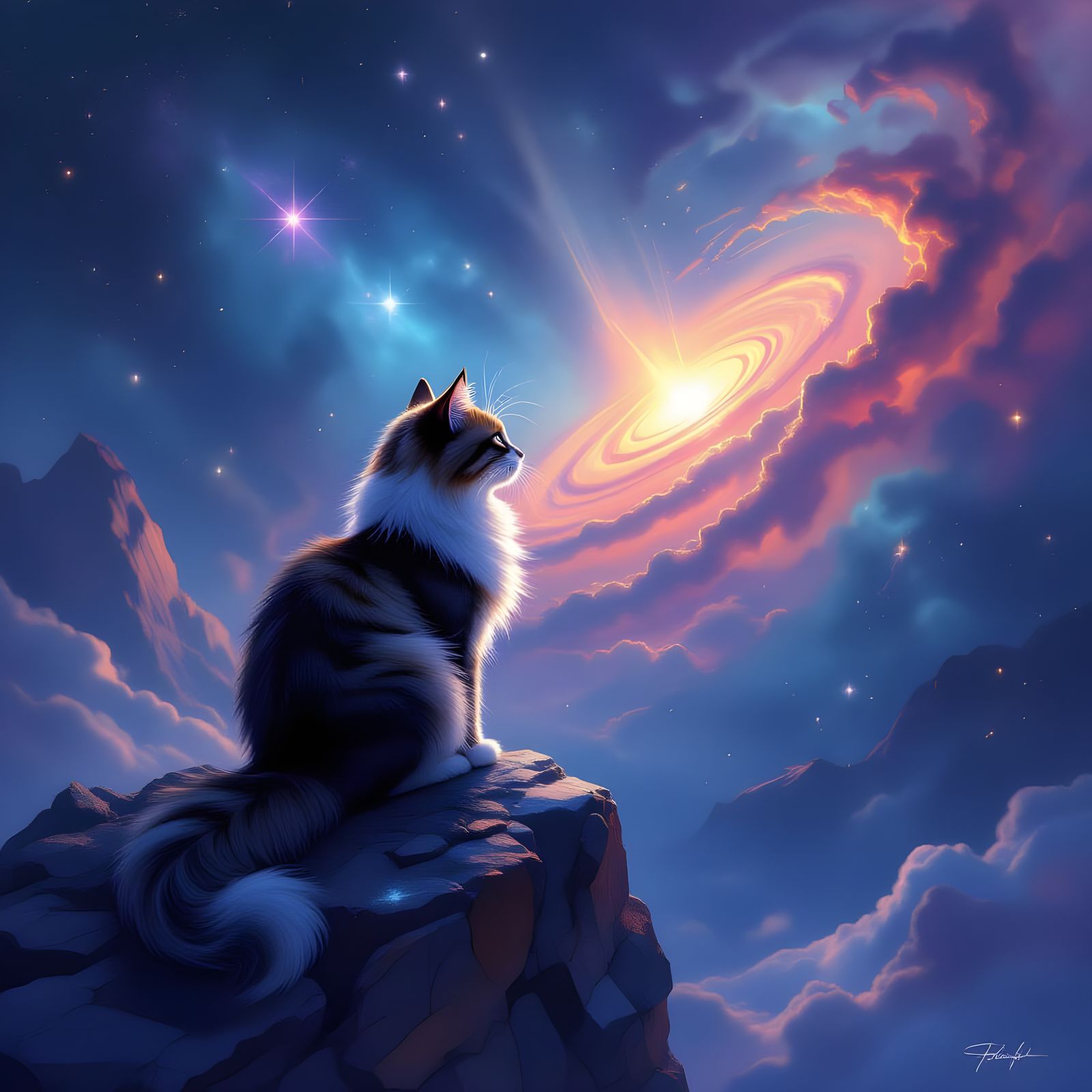 Cosmic Cat on Crystal Asteroid Gazing at Galaxy