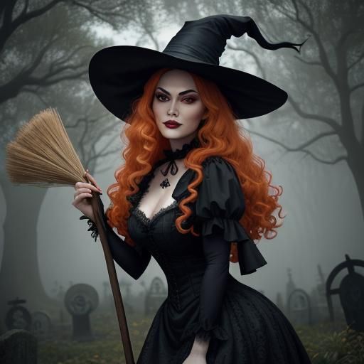 Gothic Witch Pin-Up Art in Graveyard