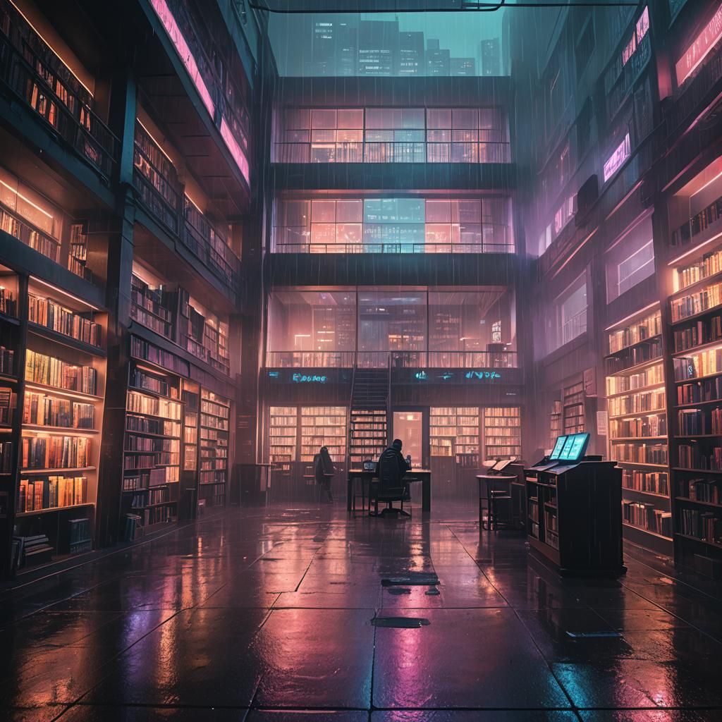 Cyberpunk Library in Rainy Neon Landscape