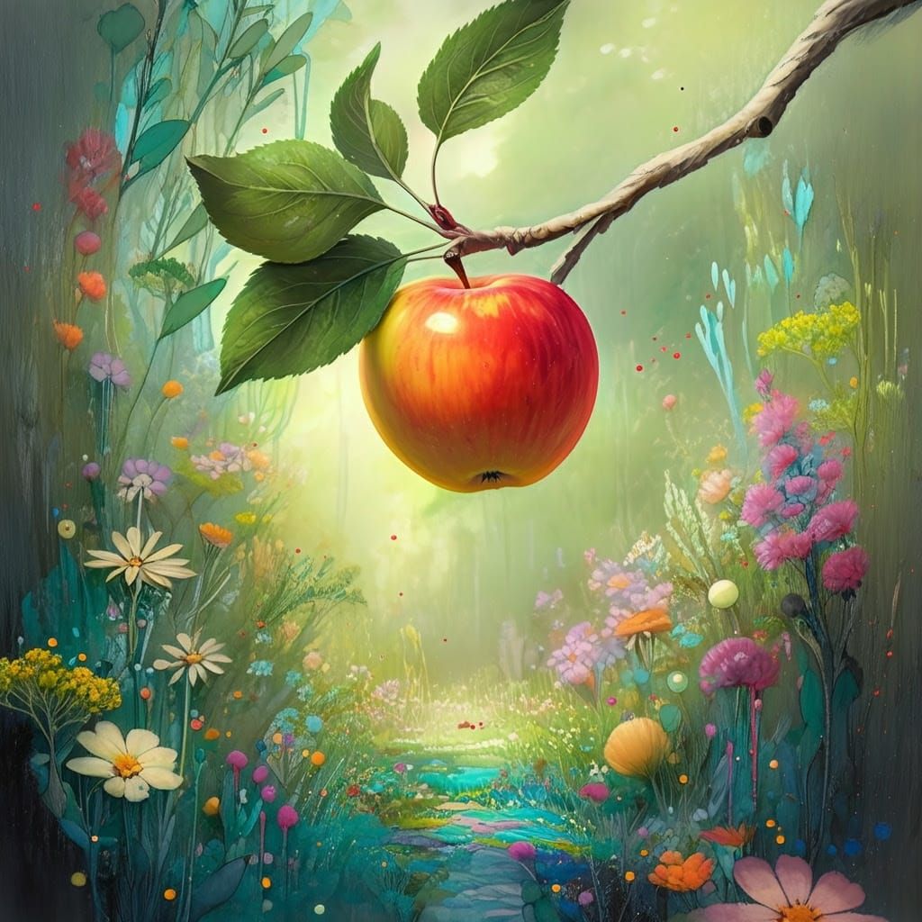 A Whimsical Apple in a Fantastical Forest Scene
