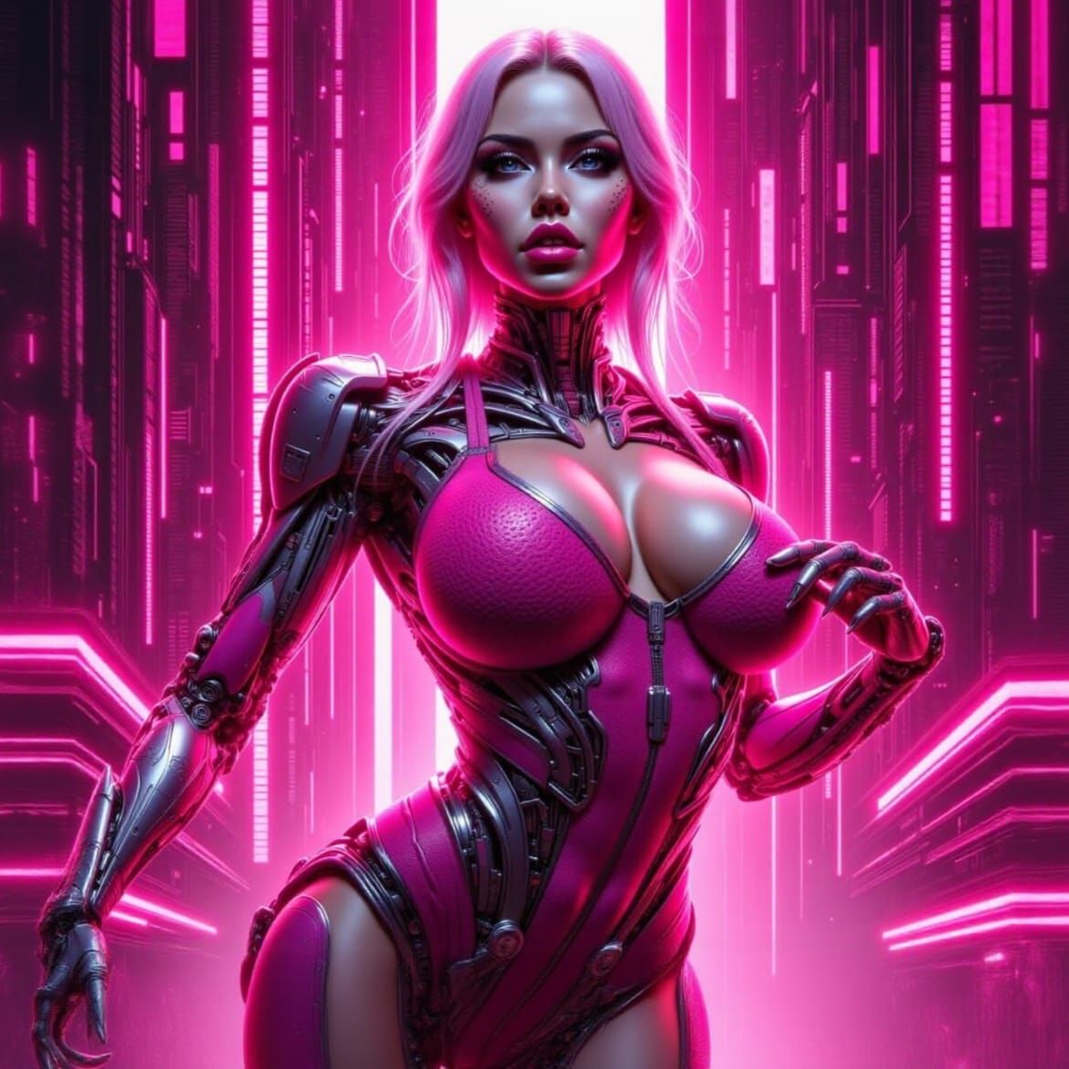 Cyberpunk Robot Woman in Digital Pink Realm