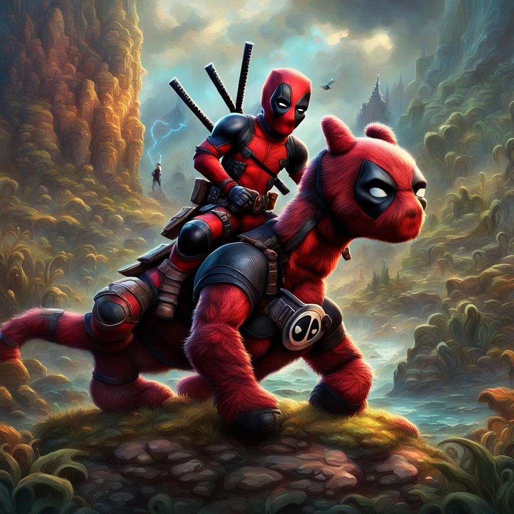 Deadpool Rides a Prehistoric Creature: 3D Digital Art
