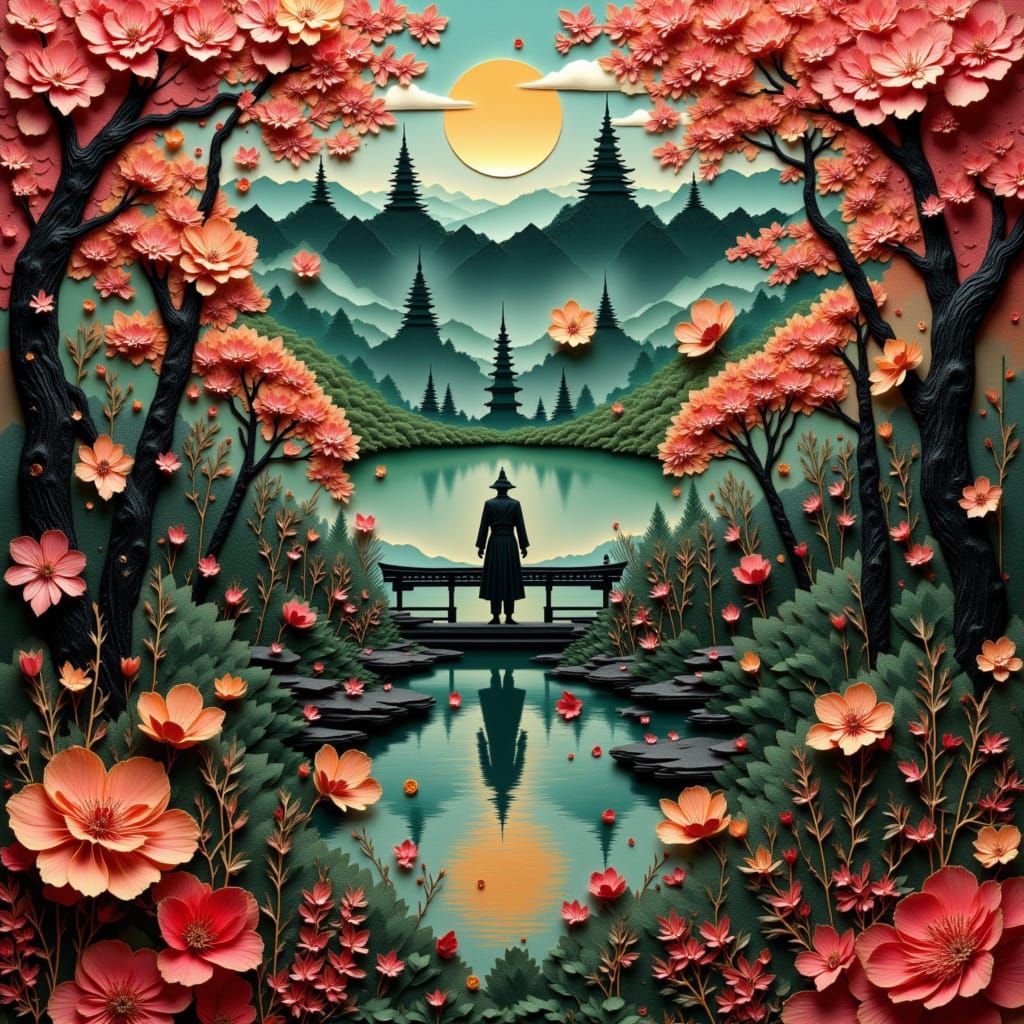 Goth Clown in Japanese Garden Paper Collage