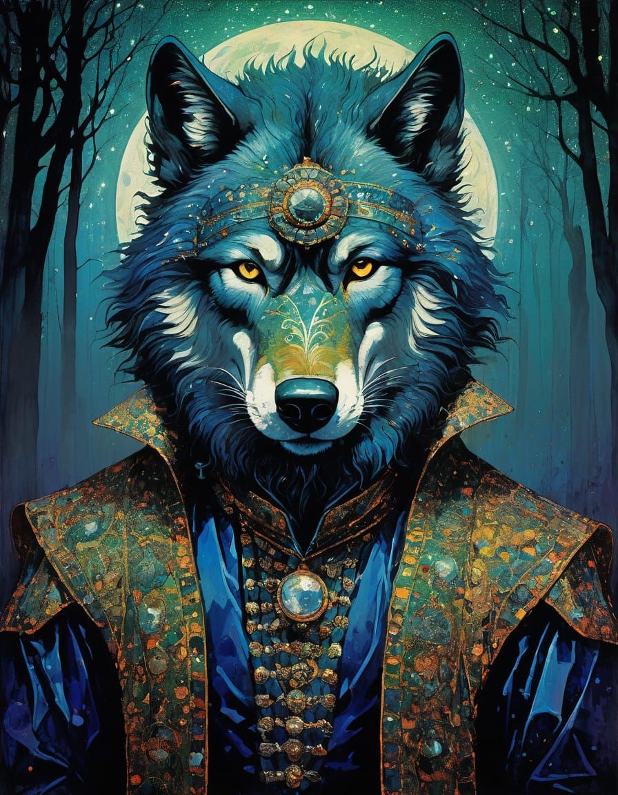 Surreal Wolf King in an Art Nouveau-Inspired Aesthetic