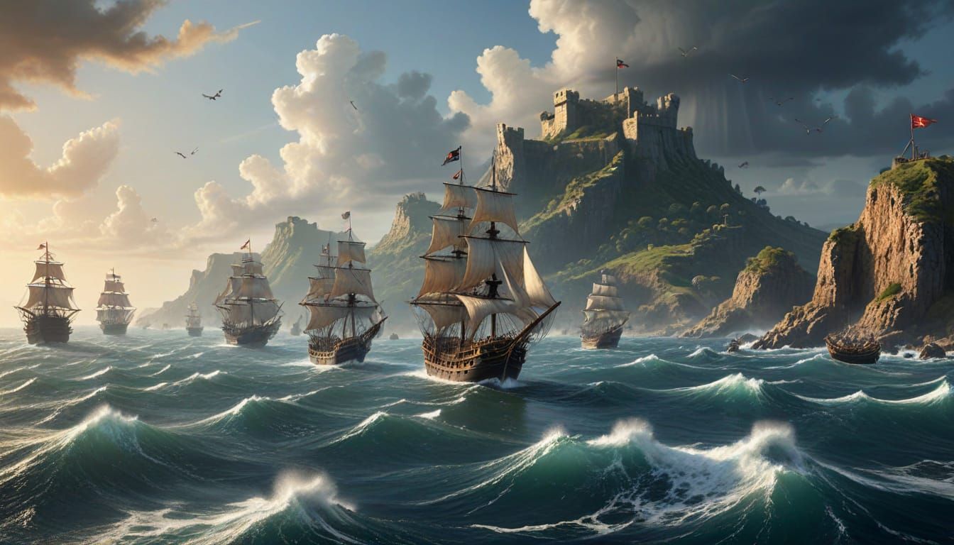 Pirate Ships Approaching Fortified Coastline