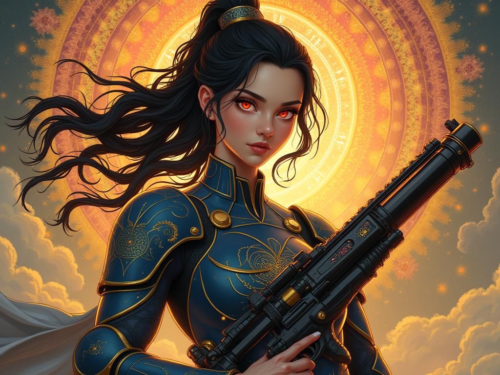 Stoic Girl in Mandala Background as Digital Oil Painting