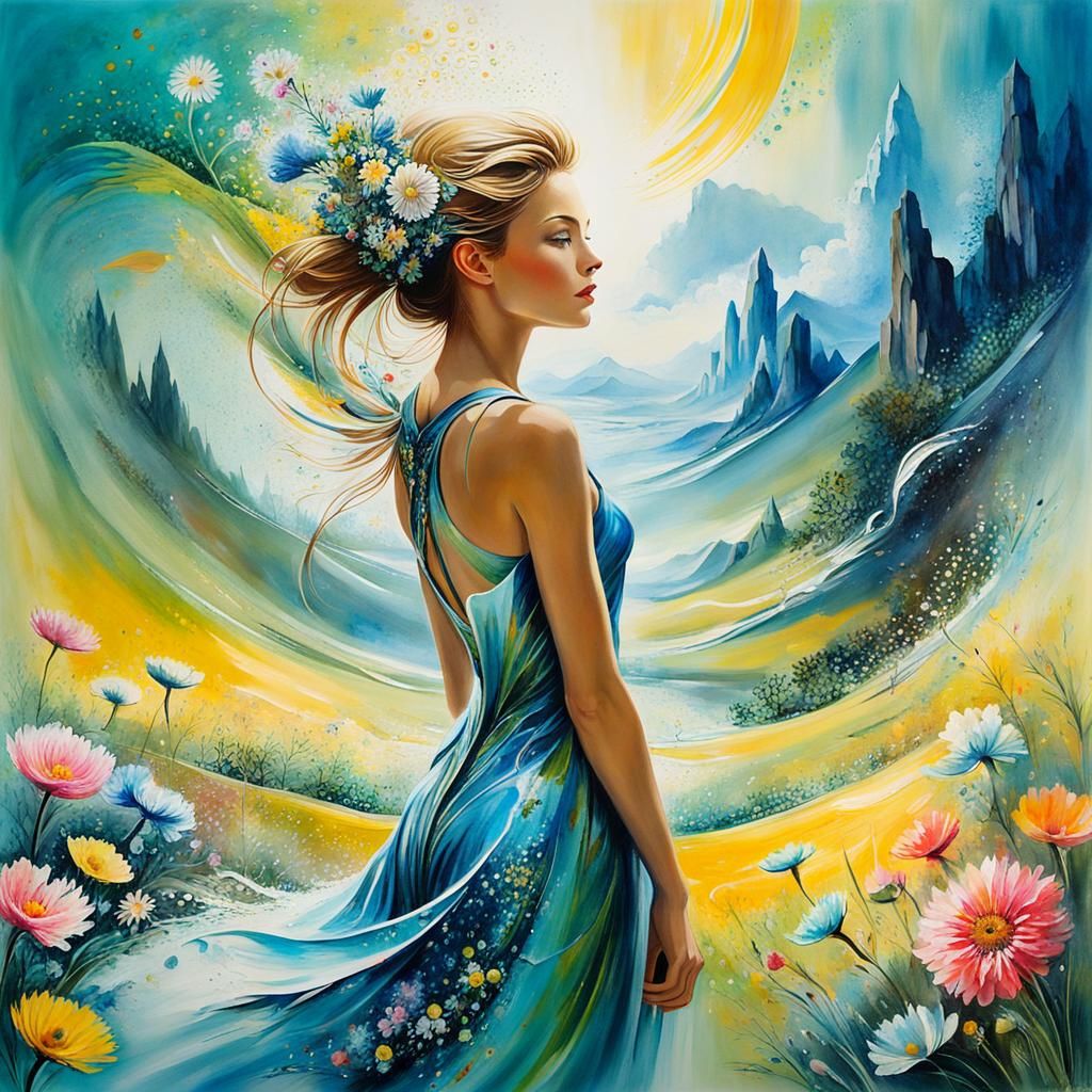 Portrait of a beautiful woman in a flowery landscape