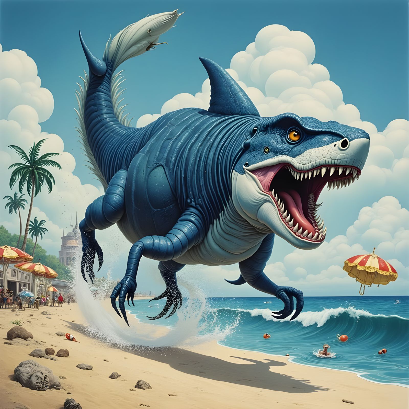 Vintage-Style Sharkrino Charges onto a Serene Ocean Beach in...