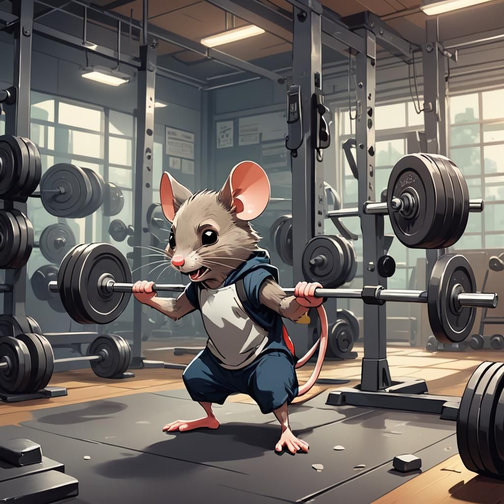 Tired Mouse Lifting Weights in Anime Style