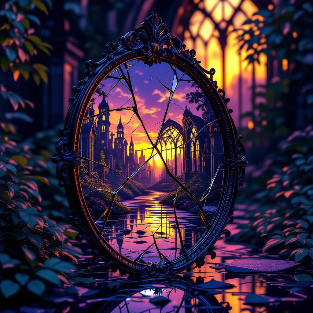 Dark Fantasy Scene Reflected in Cracked Mirror
