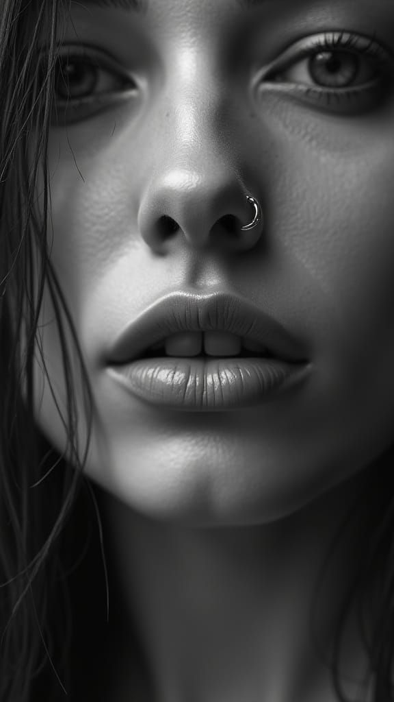 Monochrome Portrait with Silver Piercings in Hyperrealism