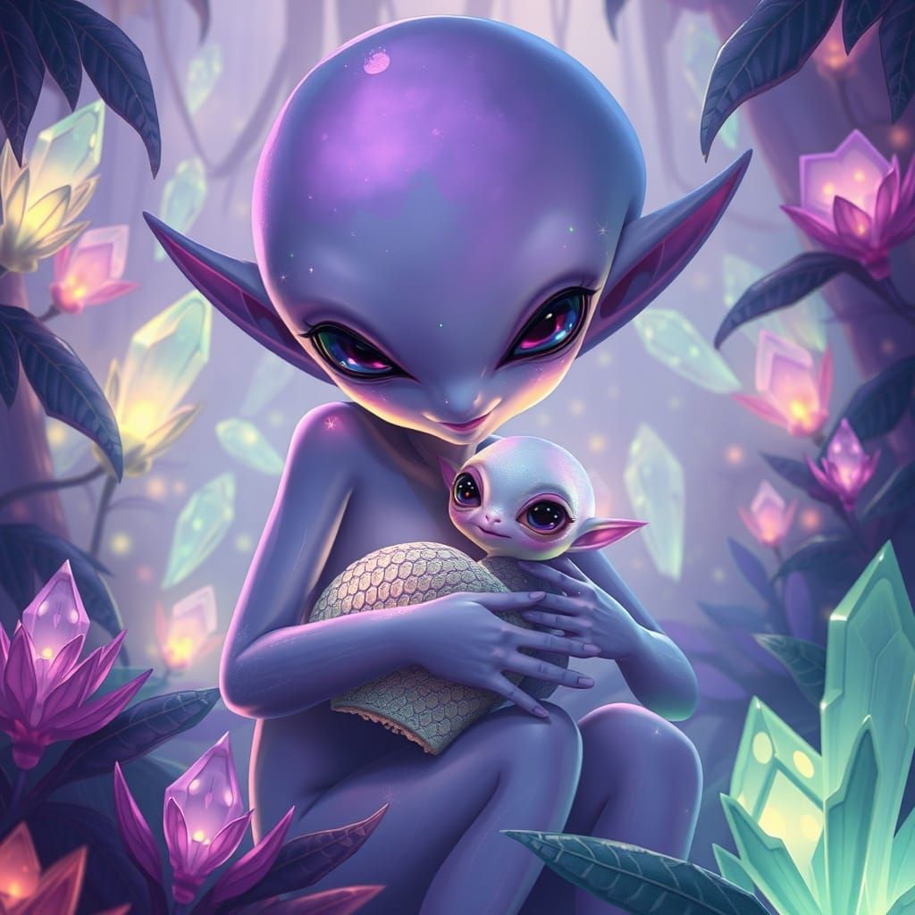 Ethereal Alien Mother and Child in Glowing Jungle