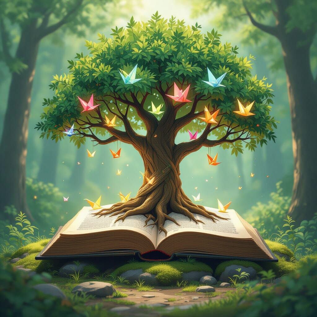 Glowing Origami Birds in a Studio Ghibli Forest