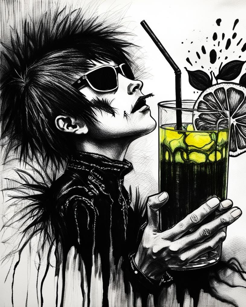 Gloomy Goth Teenager Drinking Lemonade, Surreal Crayon Art