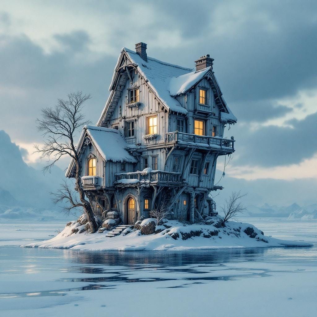 Icepunk House on Frozen Ocean in Photography Style