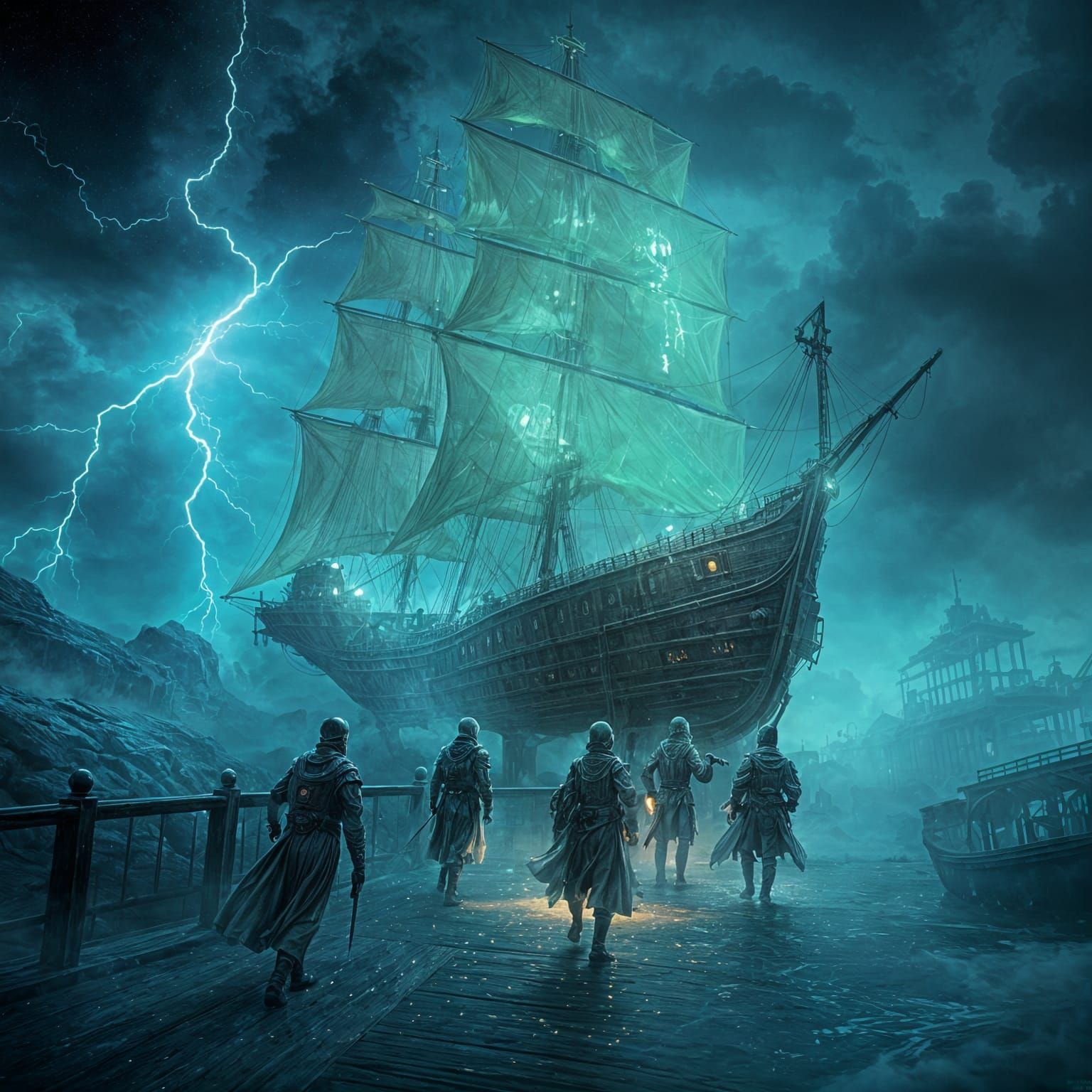 Ethereal Pirate Ship Rejoices in Stormy Night