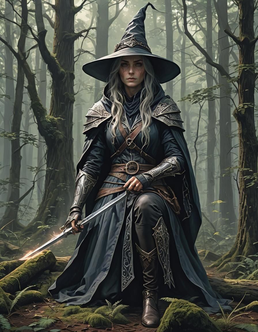 Strong Female Wizard in Dark Forest