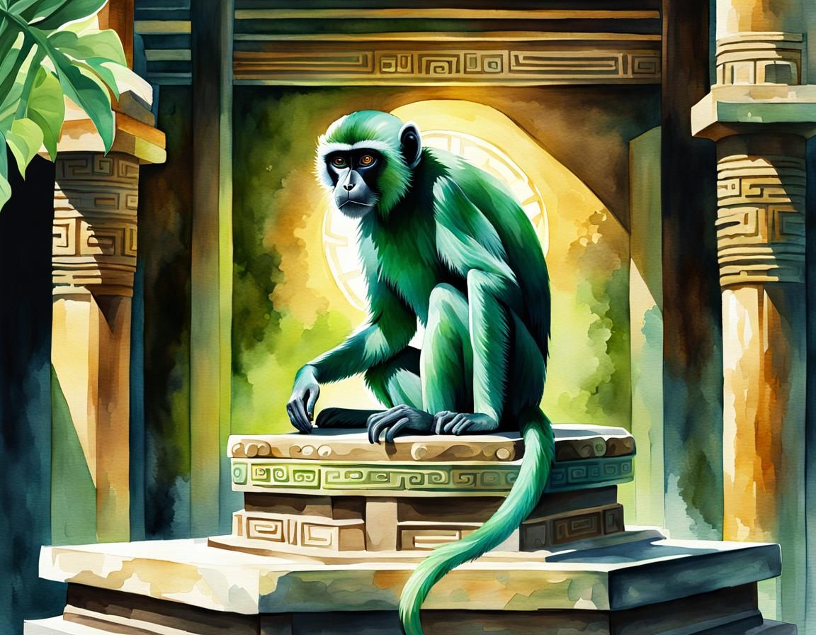 Jade Spider Monkey in Mayan Temple Illustration