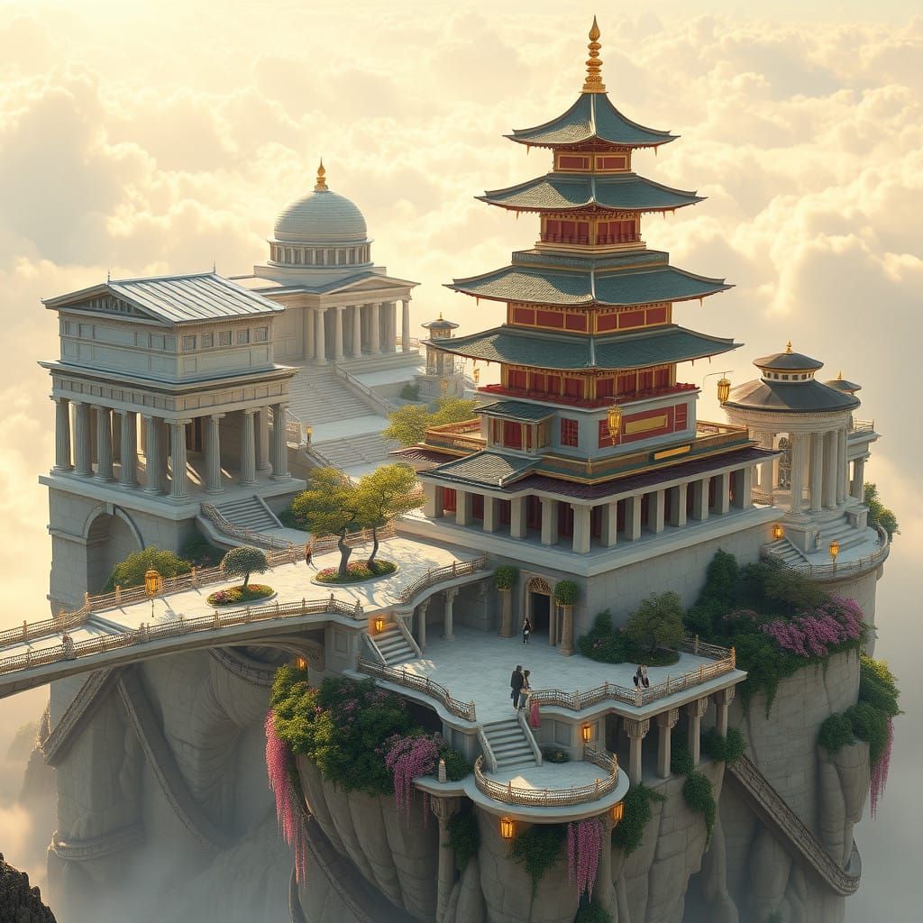 Floating City of Ancient Greek and Japanese Harmony