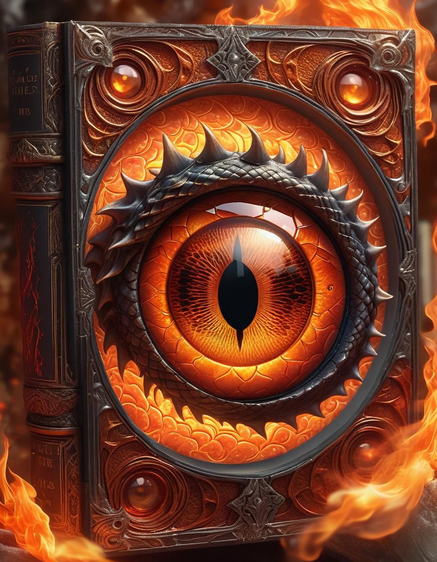 Floating Dragon Eye Book in Flames