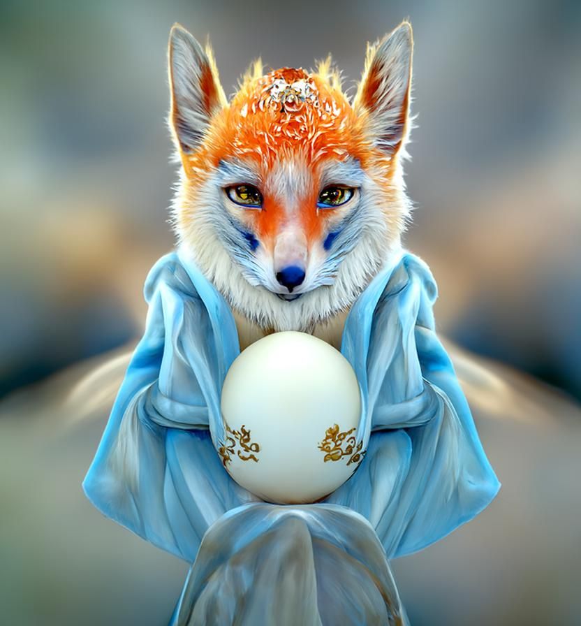 Fox in Robe Holding Egg, Digital Art