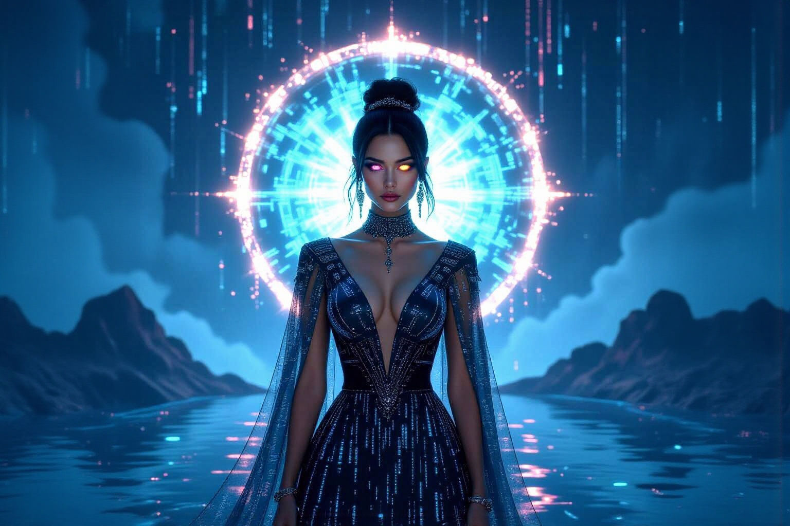 Digital Oracle in Binary Gown Before Portal