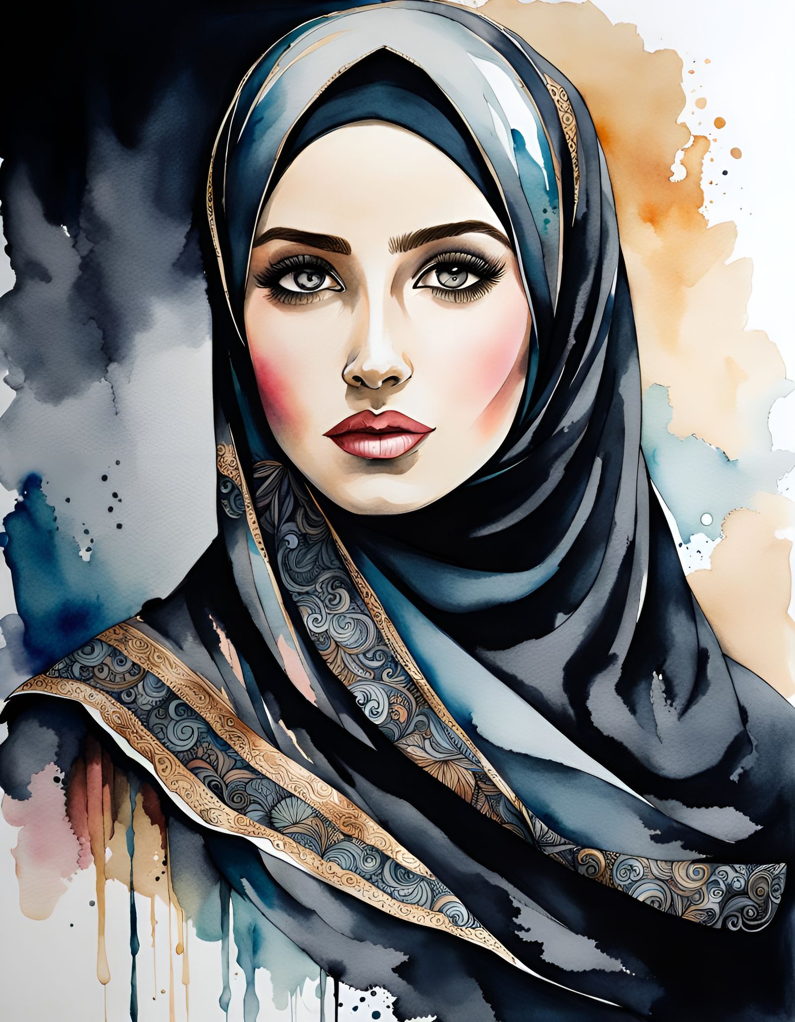 Young Woman in Hijab with Big Eyes, Watercolor Ink Drawing