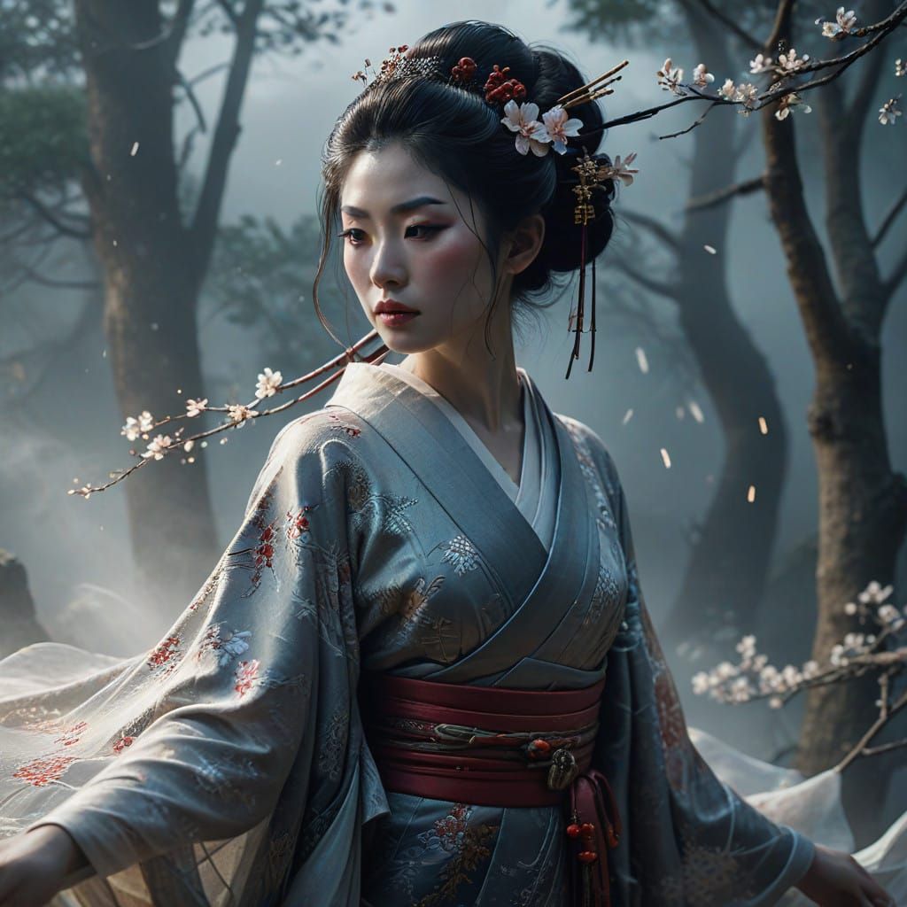 Mystical Geisha Emerges from Morning Mist in Fantastical Rea...