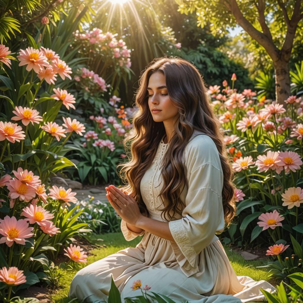 Woman Praying in Lush Garden with Blooming Flower
