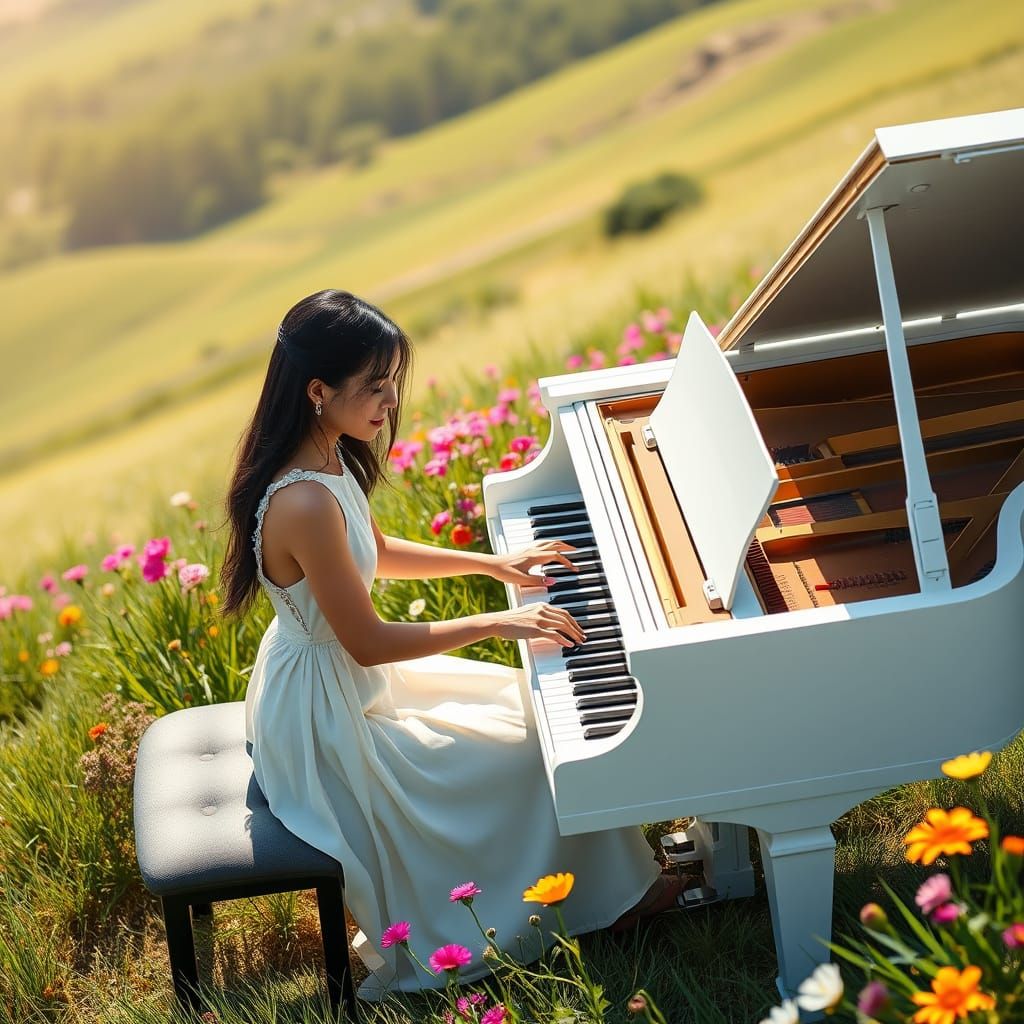 Young Woman Plays Grand Piano on a Vibrant Summer Hill