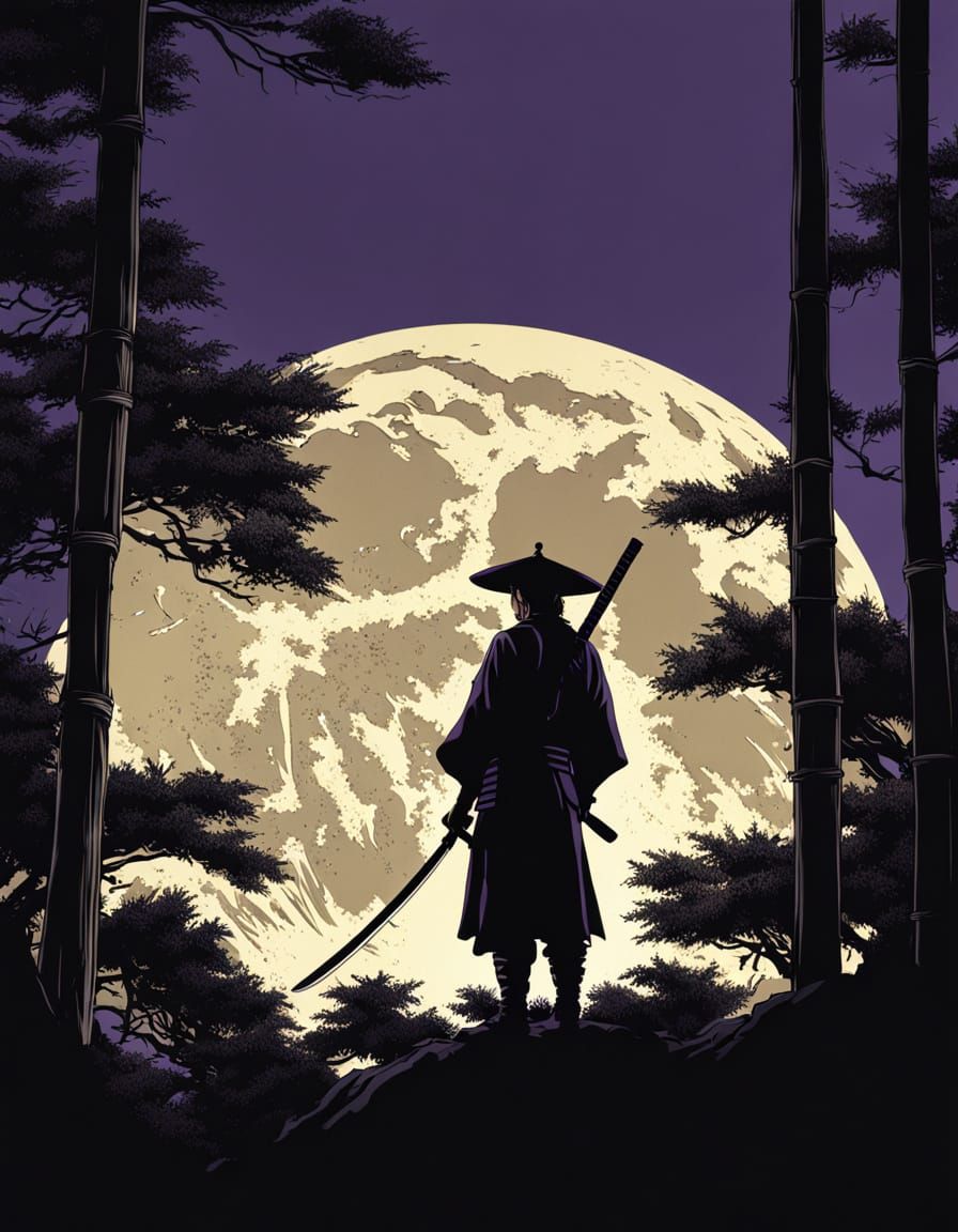 Samurai Silhouette in Ukiyoe Style Under Full Moon