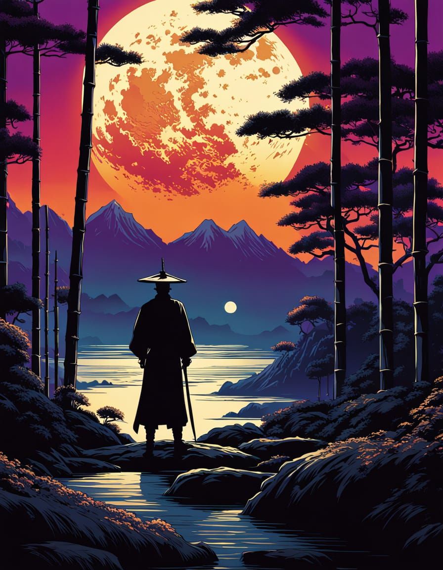 Samurai Silhouette in Ukiyo-e Style Bamboo Forest