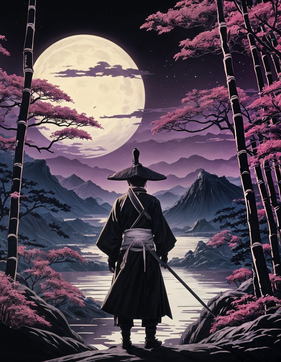 Samurai Silhouette in Bamboo Forest: Ukiyoe Style