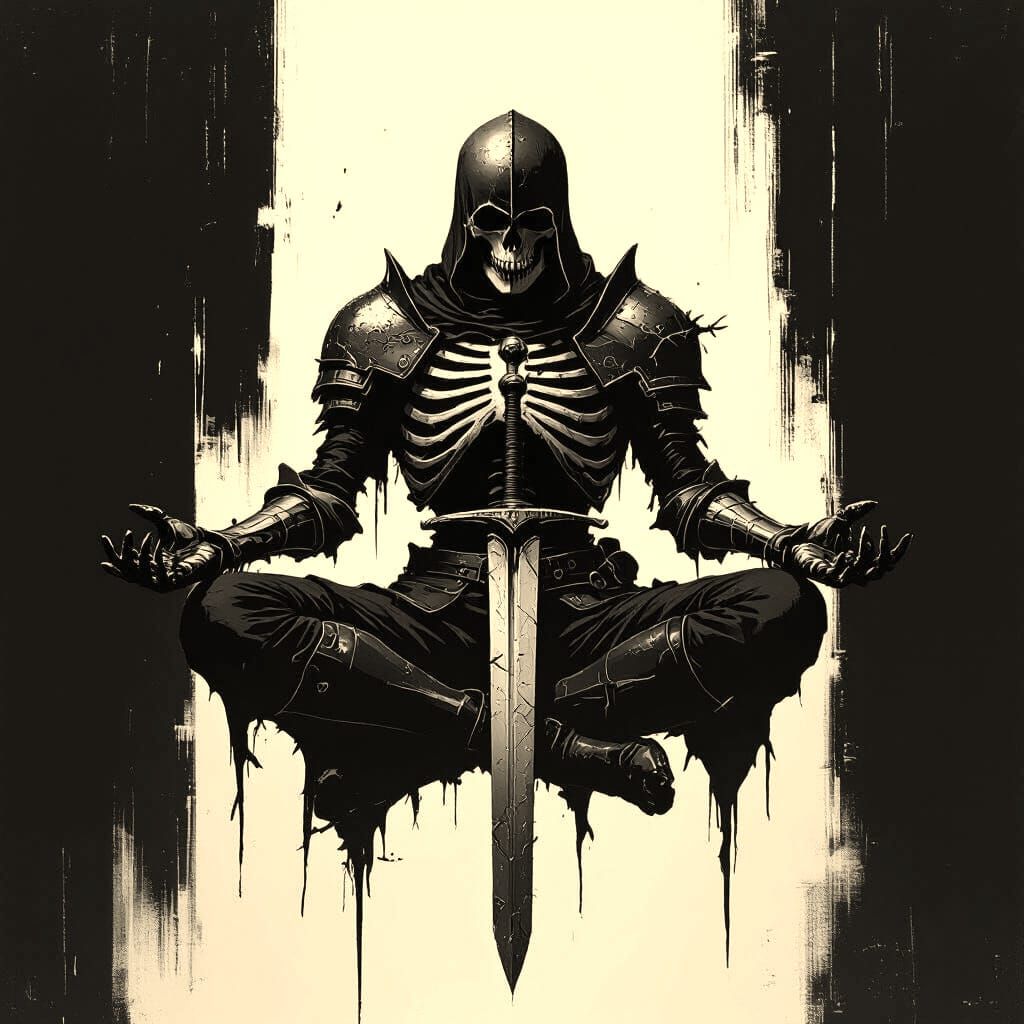 Skeletal Knight in Lotus Position, Sin City Style