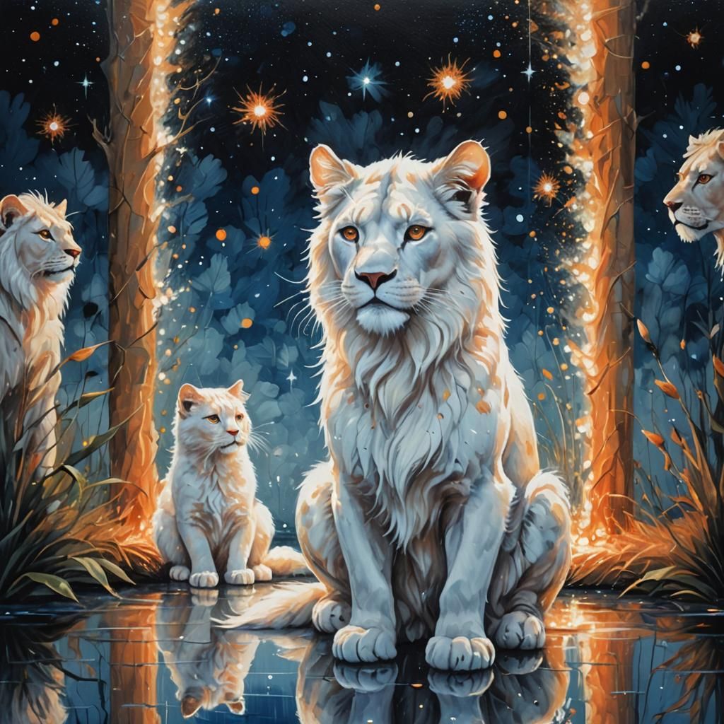 Magical Realism: Cat and Lion Reflection at Night