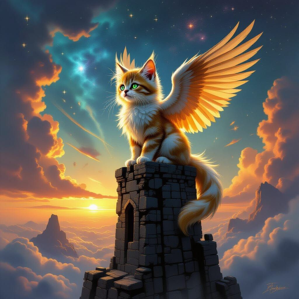Kitten Griffin on Obsidian Tower Overlooking Nebula