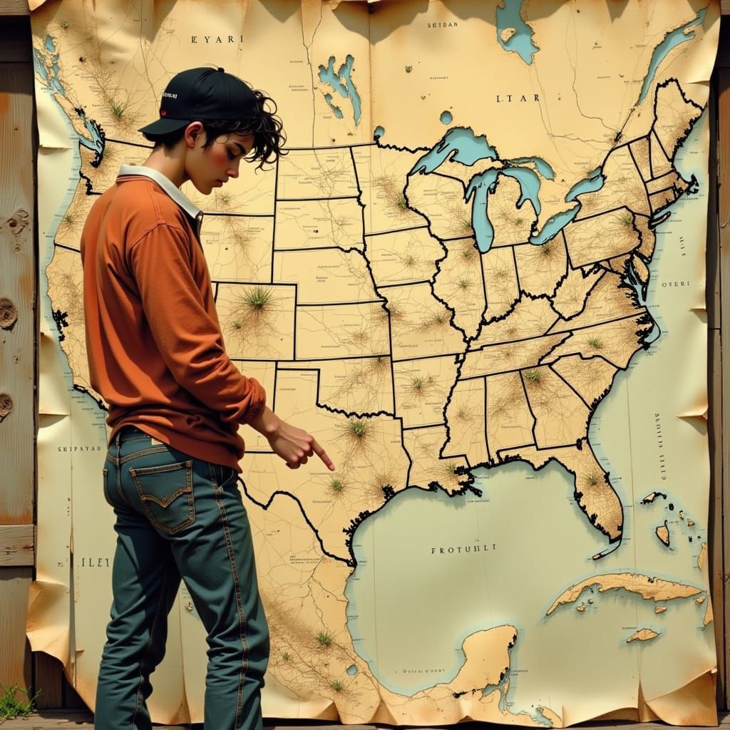 A Person Studies a Well-Worn Map of the United States in a R...