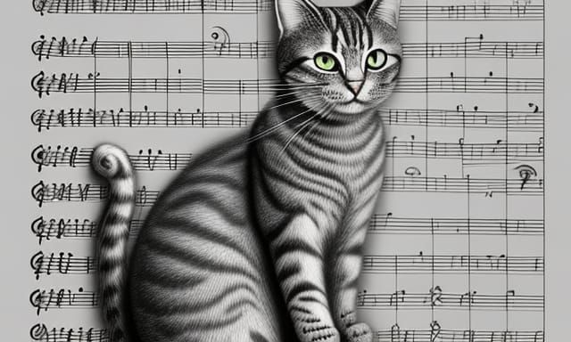 Musical Cat Leaping from Sheet Music: 3D Graphite Sketch