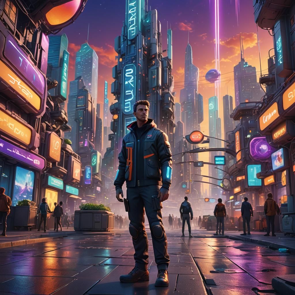 Man in Futuristic City, Pixar Style 3D Art