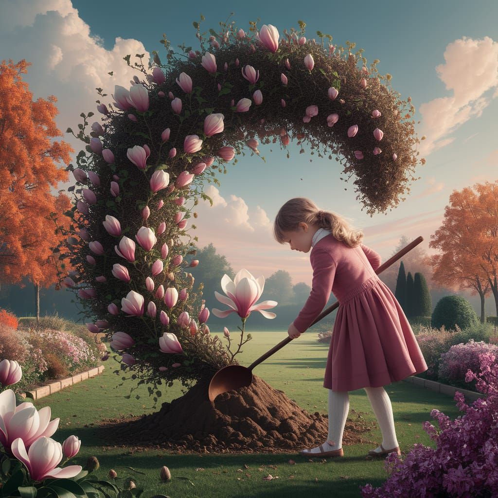 Dreamlike Garden Scene: Girl Digs Magnolia Flower