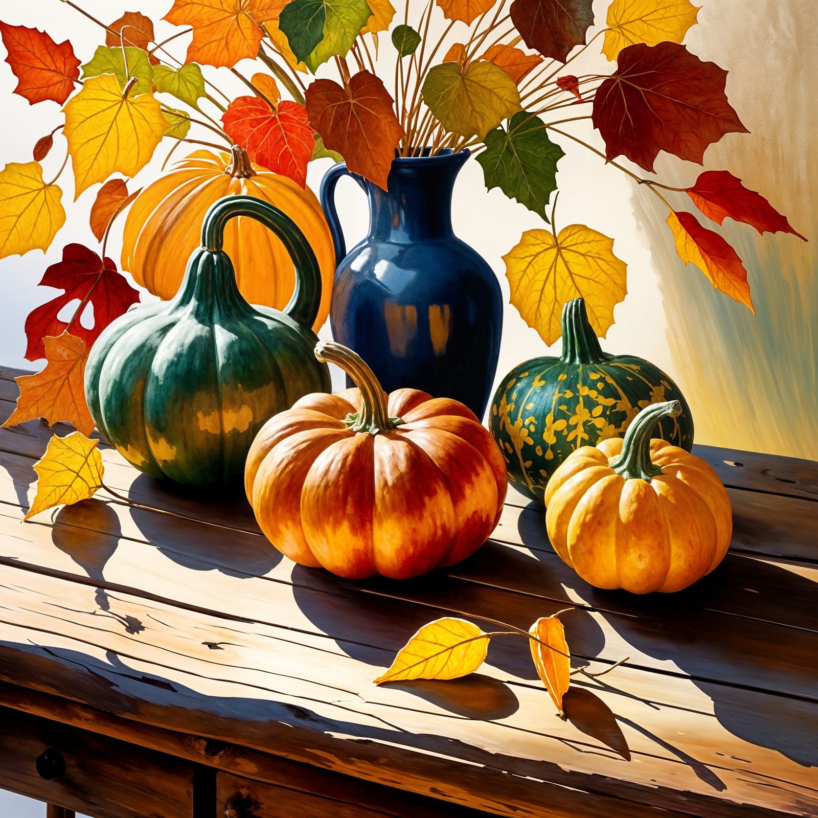 Colorful Gourds on Wooden Table in Impressionist Style