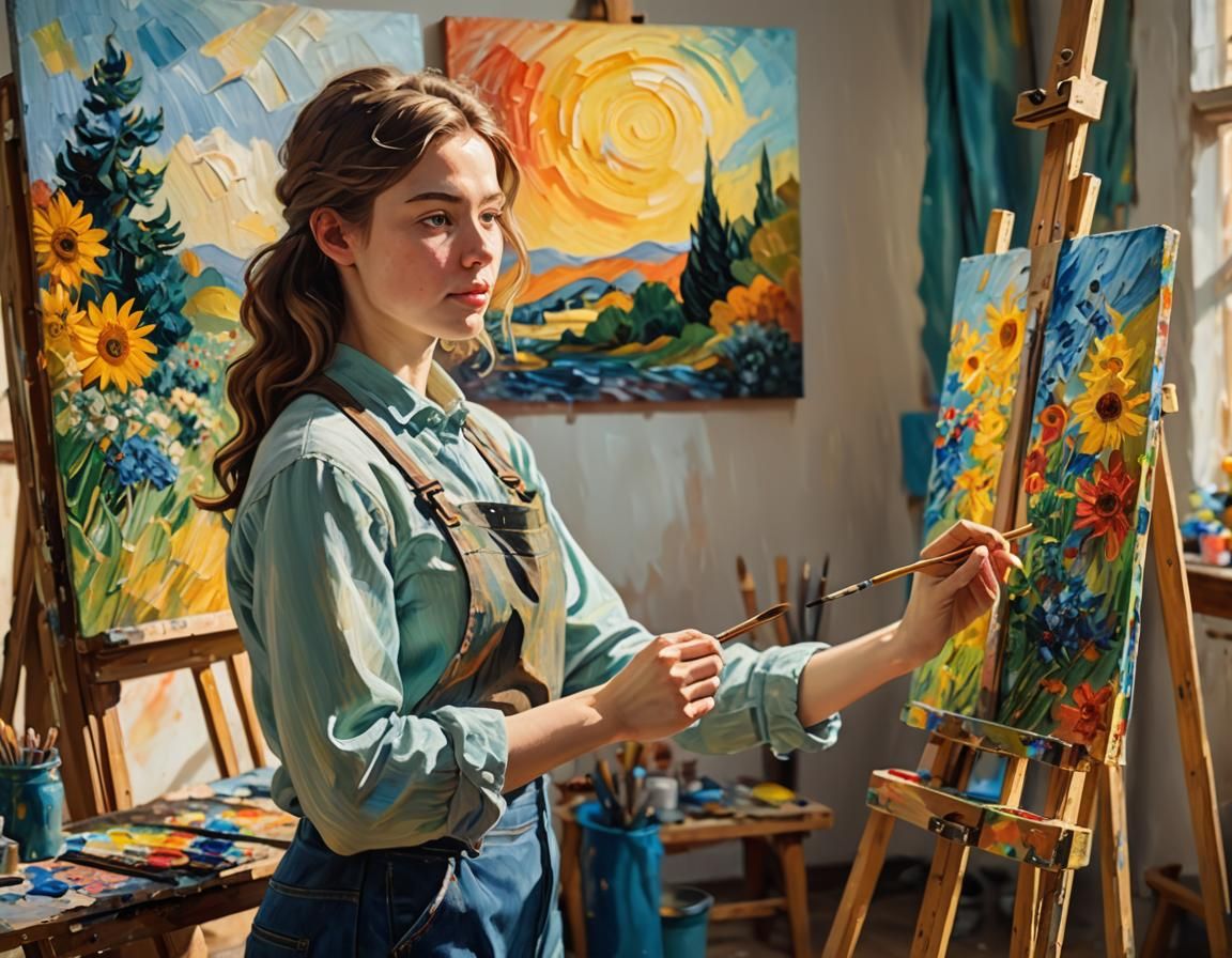 Woman Painting in Sunlit Studio, Impressionist Style