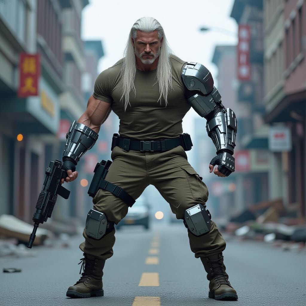 Muscular Cyborg Warrior in Cyberpunk City