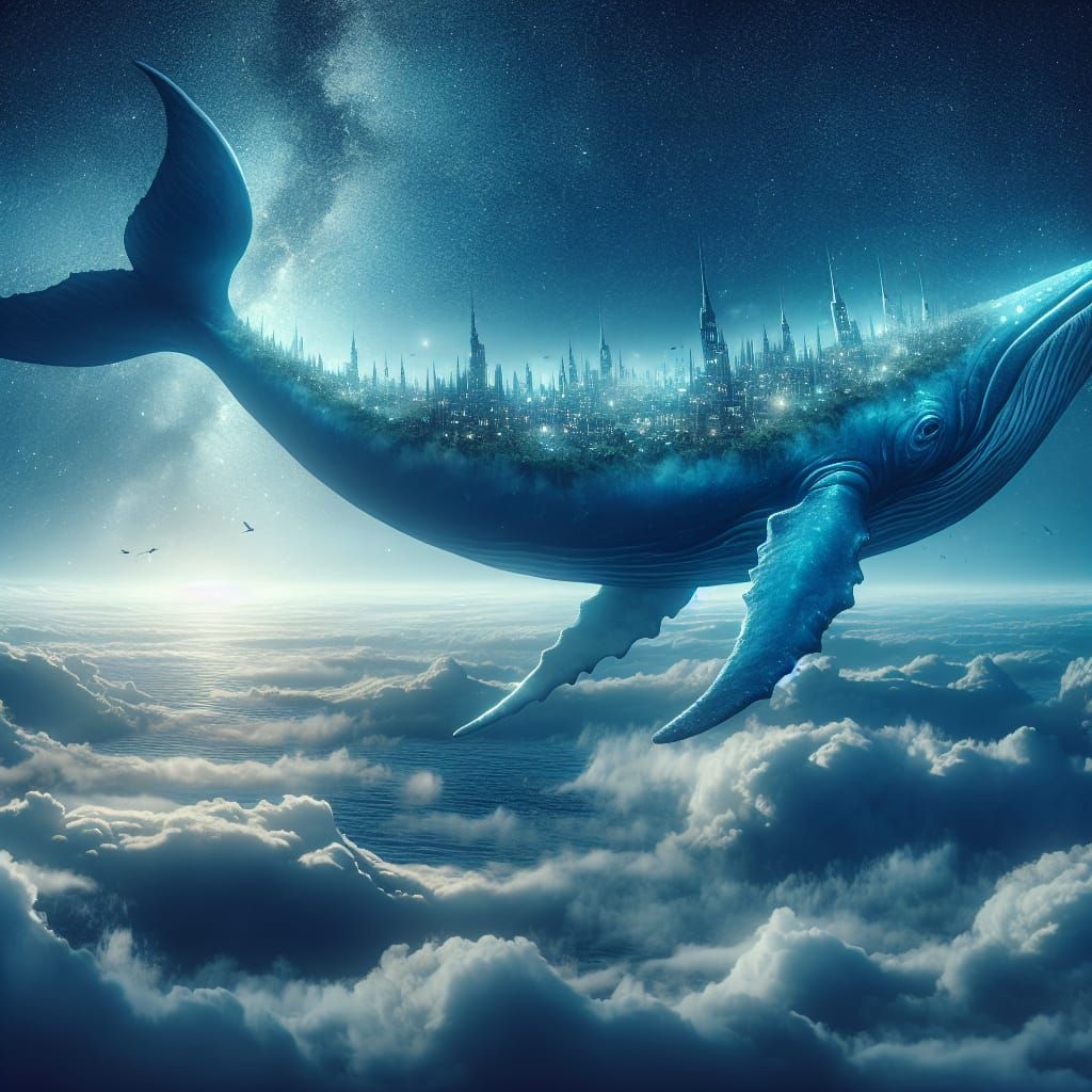 City Whale Soaring Through Starry Night Sky
