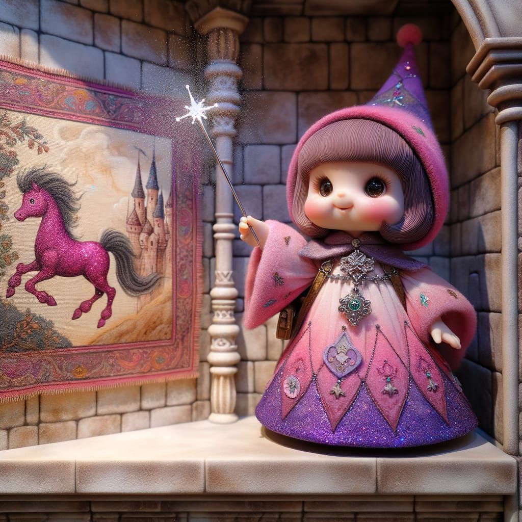 Stylized Child Witch in Floating Air Castle