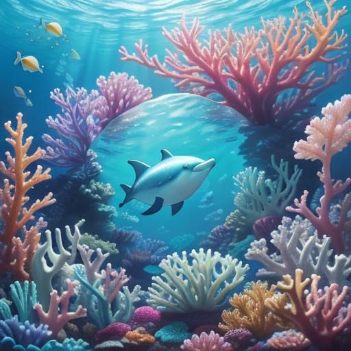 Kawaii Baby Dolphin in Coral Reef: Digital Art
