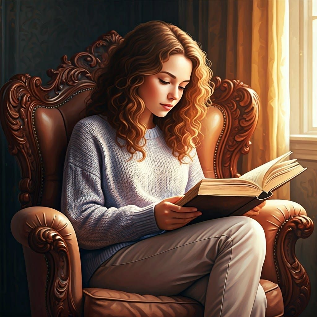 Woman Reading Book in Armchair as Whimsical Illustration