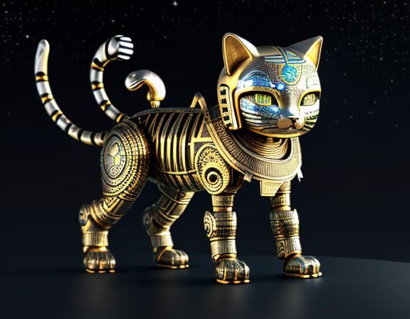 Metallic Robot Cat with Egyptian Cosmic Design