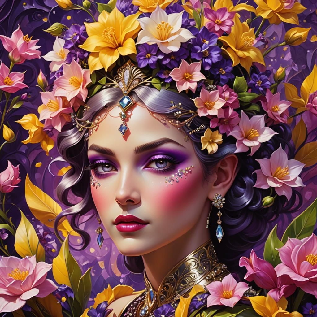 Art Deco Elf Woman Among Blooming Flowers