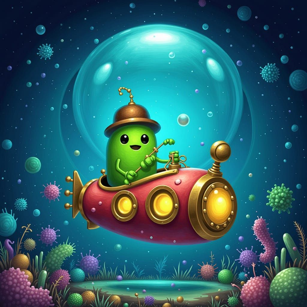 Germ in Bowler Hat Pilots Bubble Submarine in Water Droplet